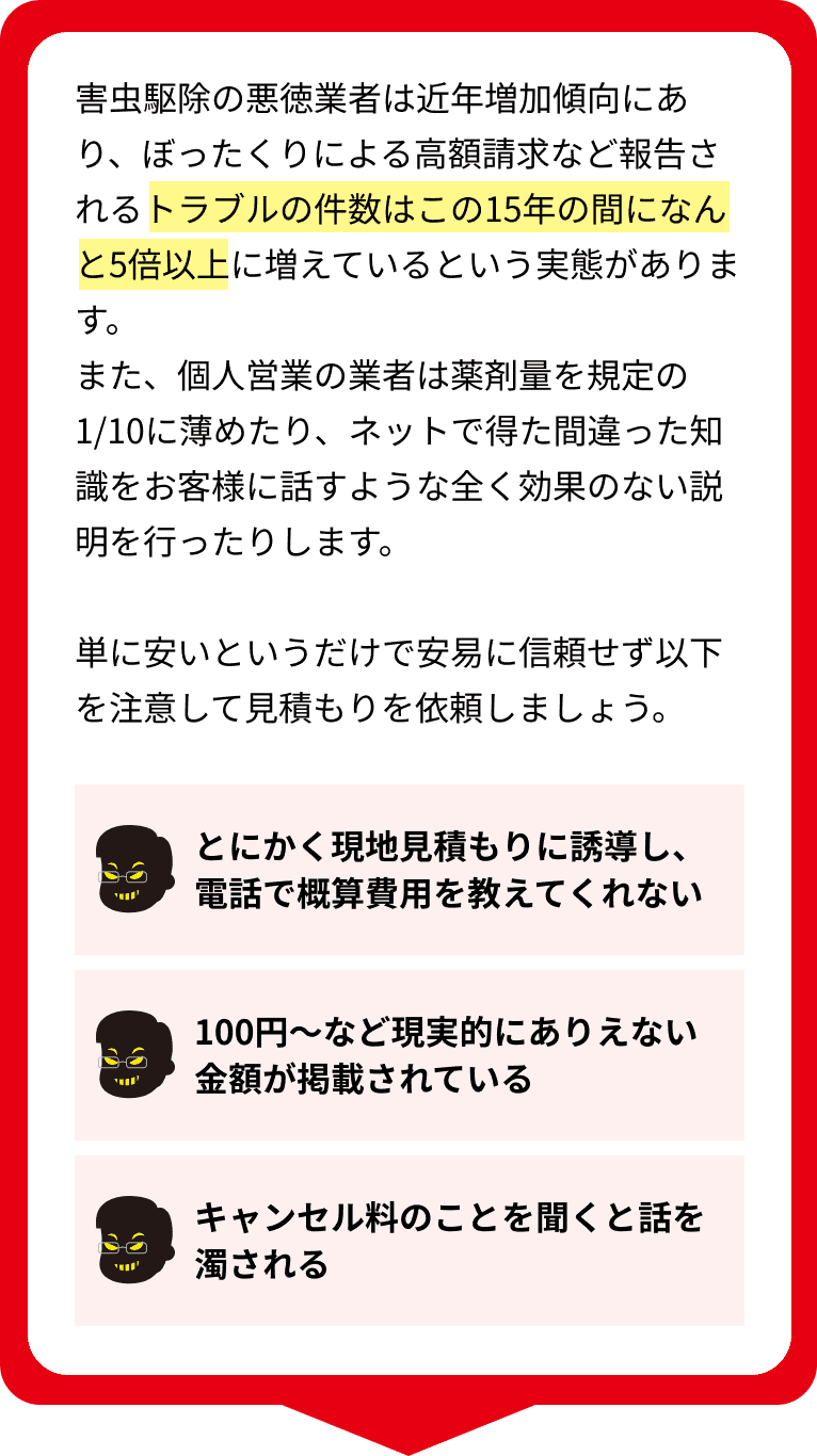 害虫駆除の悪徳業者は近年増加傾向にあり、ぼったくりによる高額請求など報告されるトラブルの件数はこの15年の間になんと5倍以上に増えているという実態があります。